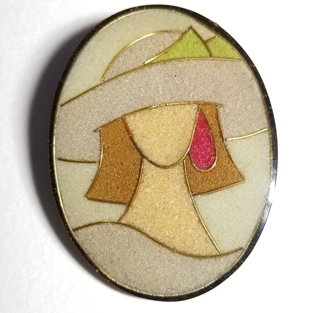 Vintage inlay brooch woman with hat oval laminated portrait